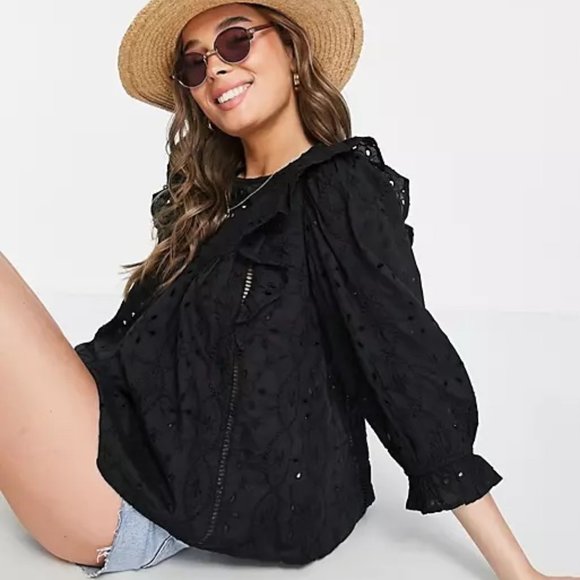 NWT New Look Broderie Frill Puff Sleeve Blouse - Picture 3 of 8